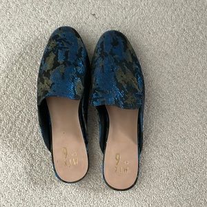 Blue and gold sparkly mules